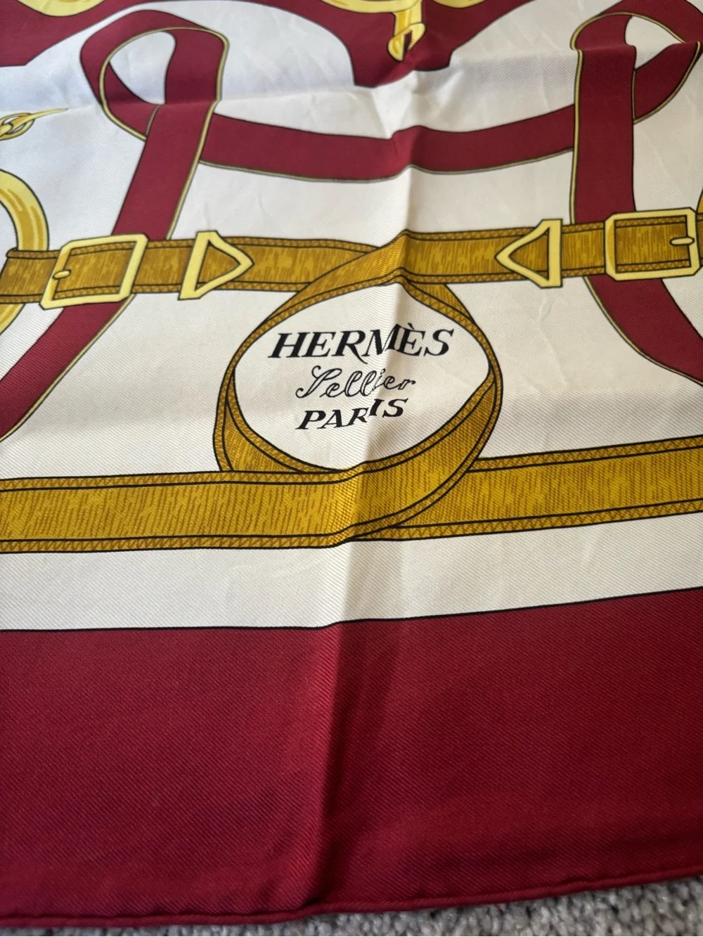 Hermes Silk Scarf in Burgundy, White and GoldAuthentic HERMES Scarf 